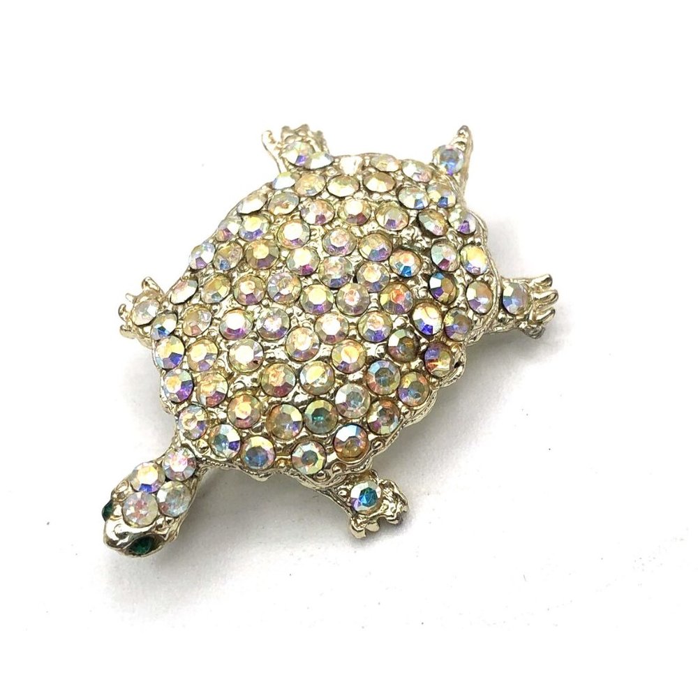 Vintage Turtle AB Glass Rhinestone Brooch Pin Goldtone Figural Animal